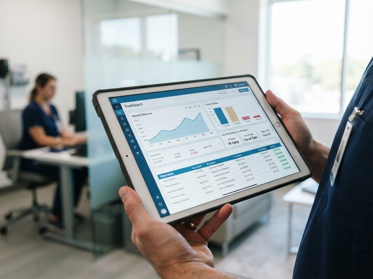 Crisp close-up of a tablet displaying a clean medical billing dashboard in a modern clinic, bright natural office light, professional cool tones, 35mm lens