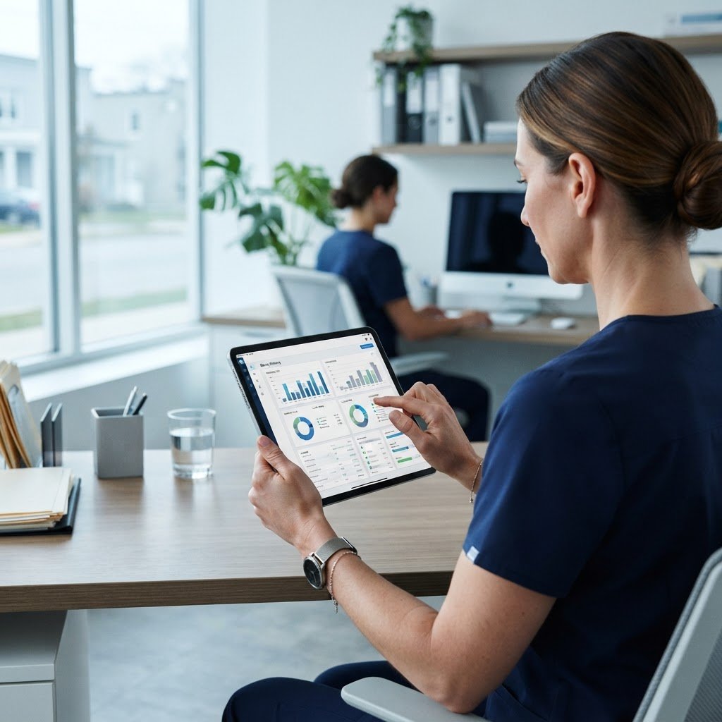 Over-the-shoulder shot of a modern dental practice manager analyzing a clean billing dashboard on a tablet, bright natural office lighting, cool tones, 35mm lens